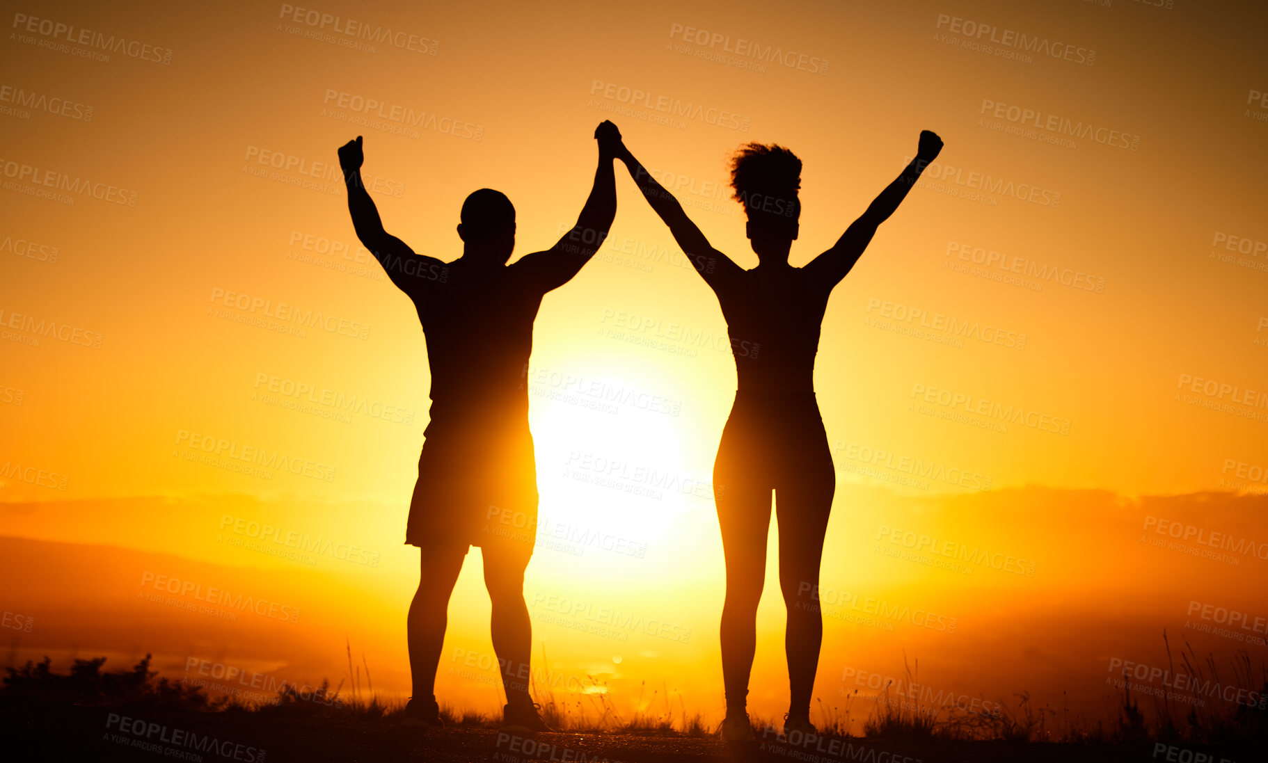 Buy stock photo Fitness, sunset or sport couple celebration sport motivation, running goal or workout achievement goal. Runner silhouette, winner or sports friends celebrating health success, training or exercise