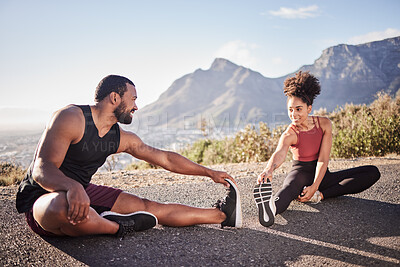 Fitness, exercise and black couple stretching legs outdoors on road for health or wellness. Training, sports and man and woman warm up before running, exercising or marathon workout on street outside