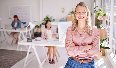 Buy stock photo Business woman, portrait and arms crossed with smile in office. Vision, leadership and success mindset of confident female manager, ceo or company leader happy with goals, targets or career growth
