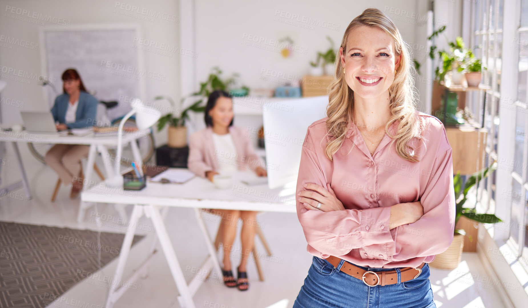 Buy stock photo Business woman, portrait and arms crossed with smile in office. Vision, leadership and success mindset of confident female manager, ceo or company leader happy with goals, targets or career growth
