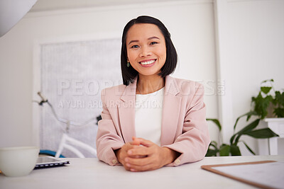 Buy stock photo Business woman, asian and boss or ceo of a company at office desk with a smile and pride for career choice and achievement. Portrait of a female entrepreneur and leader happy about startup success