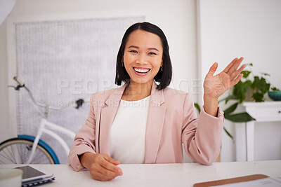 Buy stock photo Asian woman, fashion business leader and video call for small business startup, online communication and virtual meeting. Businesswoman, corporate leadership and stream call on a 5g internet network 
