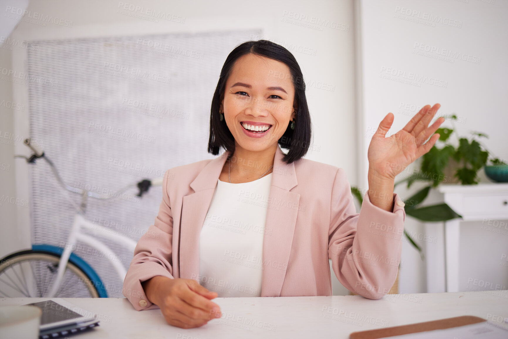 Buy stock photo Asian woman, fashion business leader and video call for small business startup, online communication and virtual meeting. Businesswoman, corporate leadership and stream call on a 5g internet network 