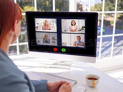 Buy stock photo Business woman, video call and computer in a office for a discussion, zoom and webinar for a virtual meeting with management. Split screen, video conference and online meeting for remote work staff
