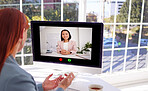 Video call, computer and business woman in office, video conference or remote meeting. Business meeting, discussion or employee in webinar, interview video chat or online sales workshop in workplace
