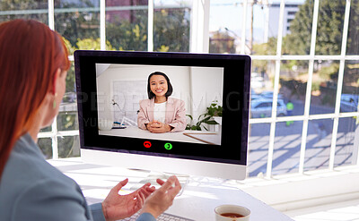 Buy stock photo Video call, computer and business woman in office, video conference or remote meeting. Business meeting, discussion or employee in webinar, interview video chat or online sales workshop in workplace
