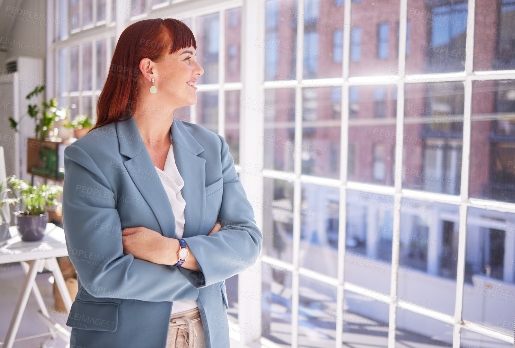 Buy stock photo Business woman, office window and thinking or vision company future success. Happy woman, corporate leadership and career idea motivation or startup achievement inspiration in  modern workplace