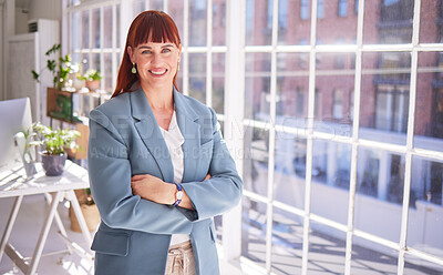 Buy stock photo Business woman, portrait smile and arms crossed for vision, ambition or career success at the office. Happy female leader or manager smiling for successful corporate design or company startup at work