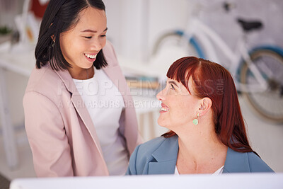 Buy stock photo Planning, thinking and happy business women discussing goal, vision and startup dream while bonding in office. Happy, work and friends sharing mission, strategy and idea while enjoying conversation