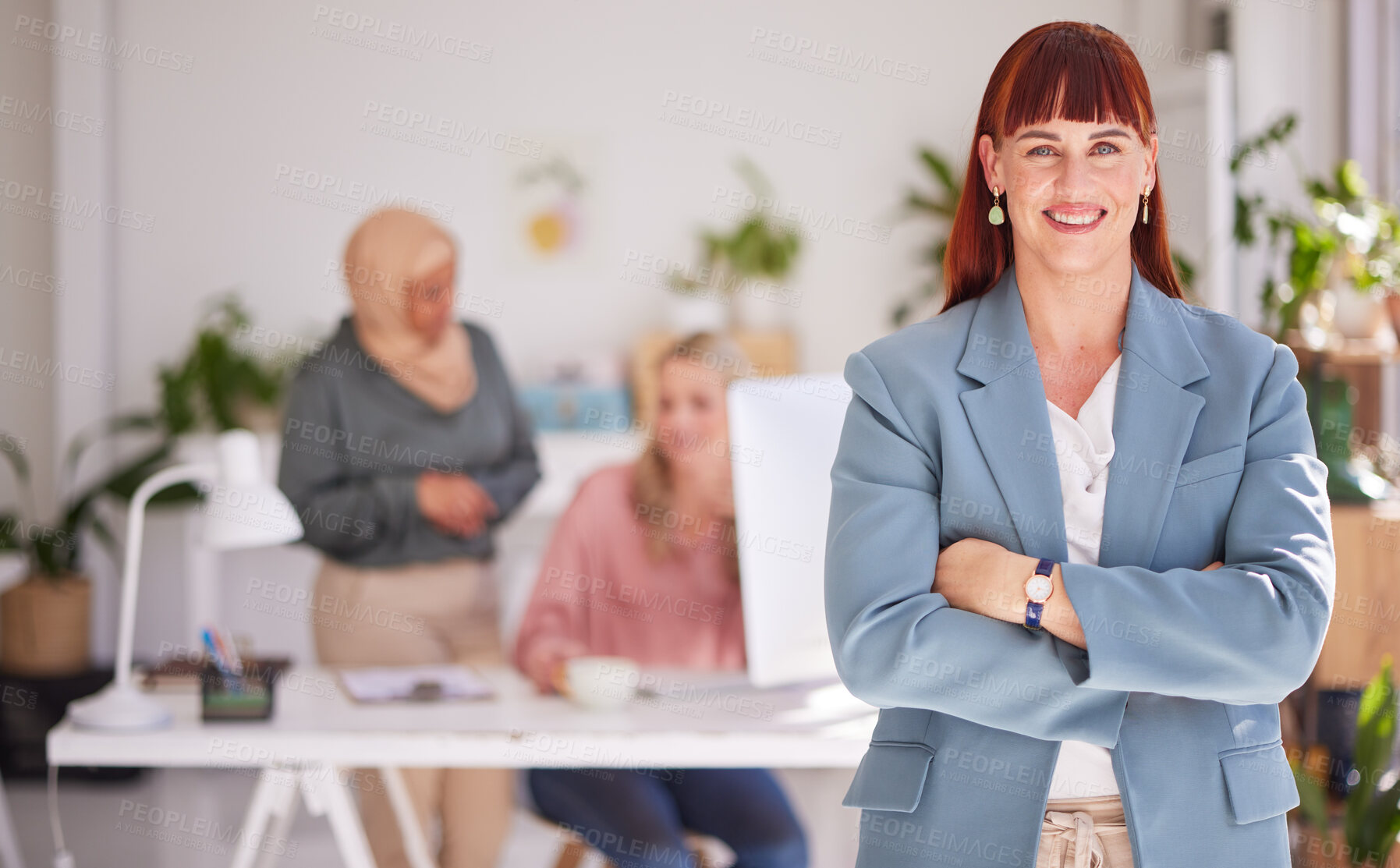 Buy stock photo Leadership, success and portrait of business woman with arms crossed, confident in meeting. Teamwork, support and female employee working together on idea, project and planning in creative workspace