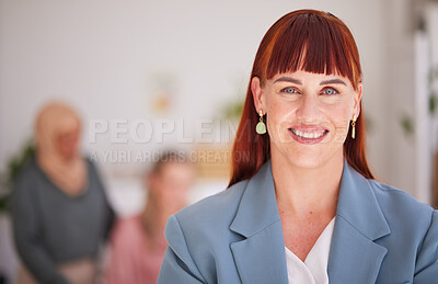 Buy stock photo Leadership, business woman or motivation for company vision, mission or goal in office for teamwork. Happy portrait, employee face or manager with smile in marketing, corporate or advertising studio