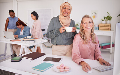 Buy stock photo Business diversity, creative collaboration and women office employees working together on digital marketing, design and advertising project. Startup design leadership, Muslim woman and a happy smile 