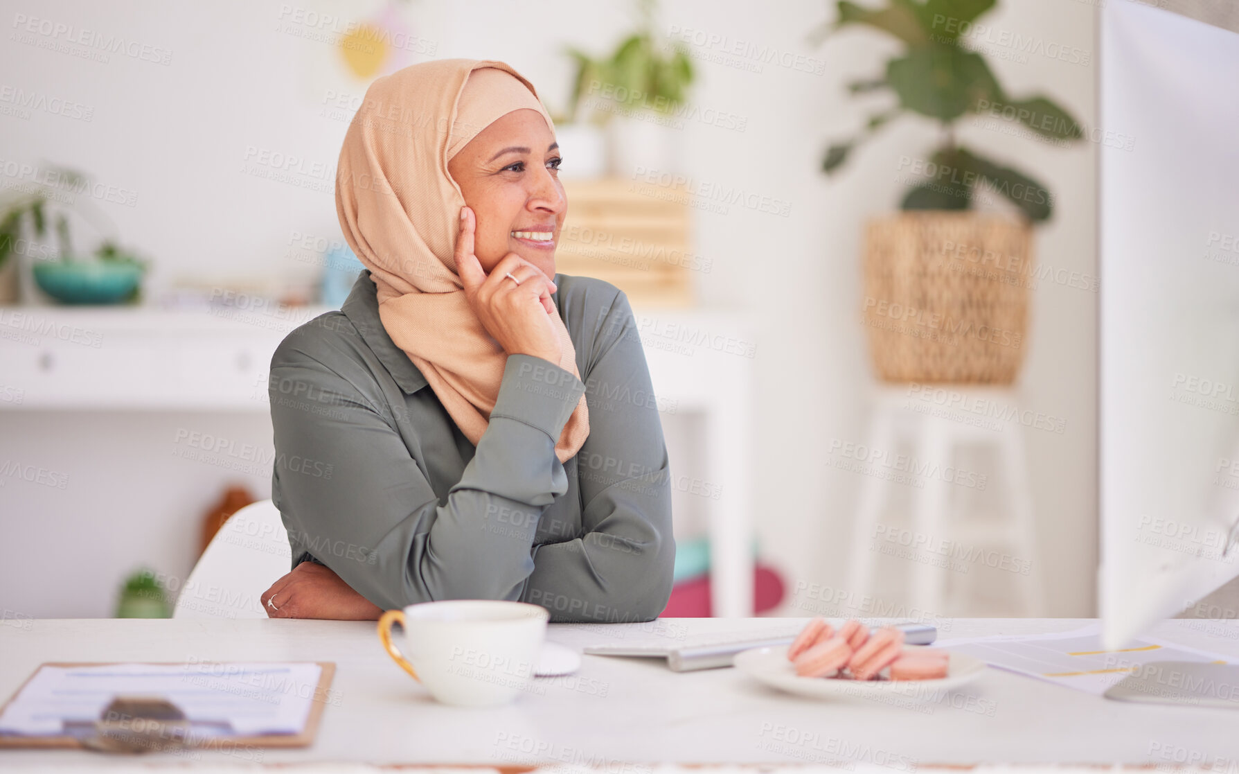 Buy stock photo Designer startup or Muslim business woman thinking of creative idea in workplace for design or strategy. Inspiration, vision or Islamic fashion employee in fashion studio planning or brainstorming