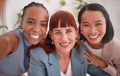 Buy stock photo Selfie smile, office and business people, women or colleagues take photo for happy memory. Face portrait, diversity and group of employees, friends or coworkers taking picture for social media post

