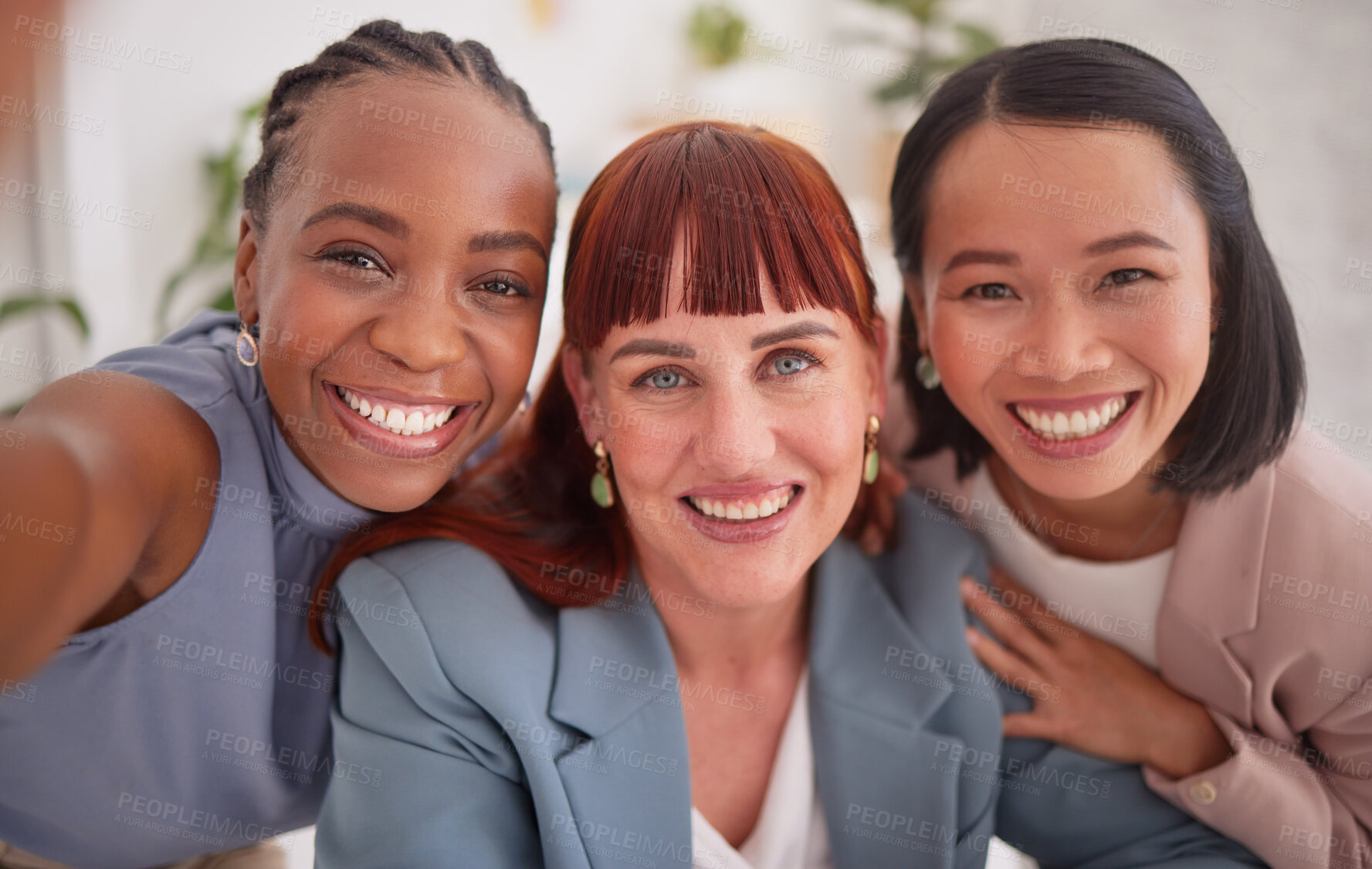 Buy stock photo Selfie smile, office and business people, women or colleagues take photo for happy memory. Face portrait, diversity and group of employees, friends or coworkers taking picture for social media post

