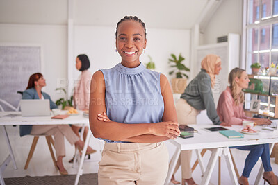 Buy stock photo Office portrait of designer, team leader or confident black woman ready for interior design, management or leadership. Women empowerment, success and diversity business people with trust in manager