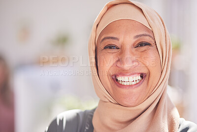 Buy stock photo Islam, muslim and woman in hijab with islamic clothes for traditional religion, Arabic culture and spiritual faith. Portrait of senior beauty, skincare and happy Iraq face smile of cosmetics makeup 
