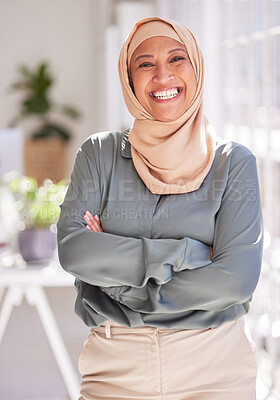 Buy stock photo Success, leadership and portrait of Muslim woman in office with crossed arms, smile and confidence. Empowerment, professional and happy female worker standing in workspace for marketing startup