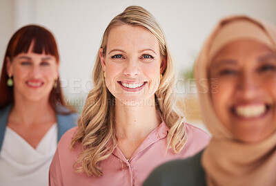 Buy stock photo Diversity portrait, leadership or business woman for motivation, empowerment or teamwork in office with smile. Happy women, collaboration or business people in company vision support, mission or goal