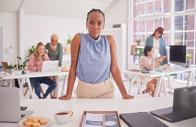 Buy stock photo Meeting, office and portrait of an African woman in a modern office planning a corporate project. Professional, team and business people working together in a coworking space in the workplace.