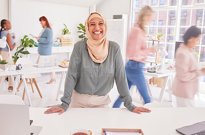 Buy stock photo Muslim business woman, happy portrait or leadership in busy office, marketing or advertising company with smile. Islamic, employee or worker with hijab for success, vision or motivation and mindset