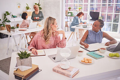 Buy stock photo Business women, creative and planning in office with laptop and book for notes, writing and sharing ideas. Business people, brainstorming and group discussing strategy for problem solving together