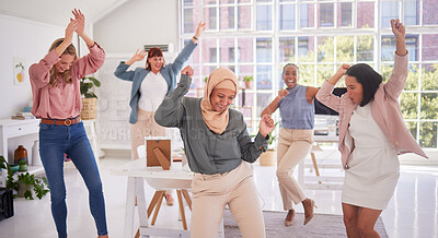 Buy stock photo Success, dance and office celebration by business people celebrating victory, goal and mission accomplishment together. Corporate, win and business women team dancing after good news about startup