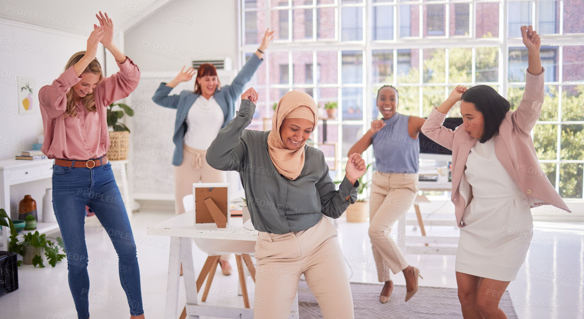 Buy stock photo Success, dance and office celebration by business people celebrating victory, goal and mission accomplishment together. Corporate, win and business women team dancing after good news about startup