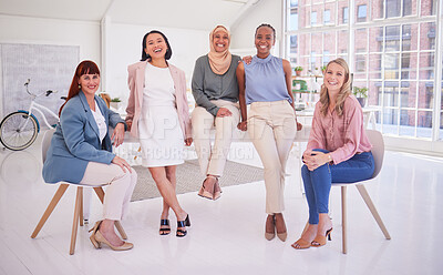 Buy stock photo Business women, team and diversity, corporate portrait in office, happy with teamwork in female led company in city. Business people, collaboration and woman workforce, staff together and partnership