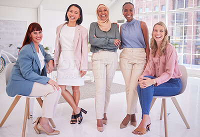 Buy stock photo Happy, leadership or diversity portrait of women in motivation, empowerment or teamwork collaboration in office. Business people, corporate or team building in company group, success or mission goal