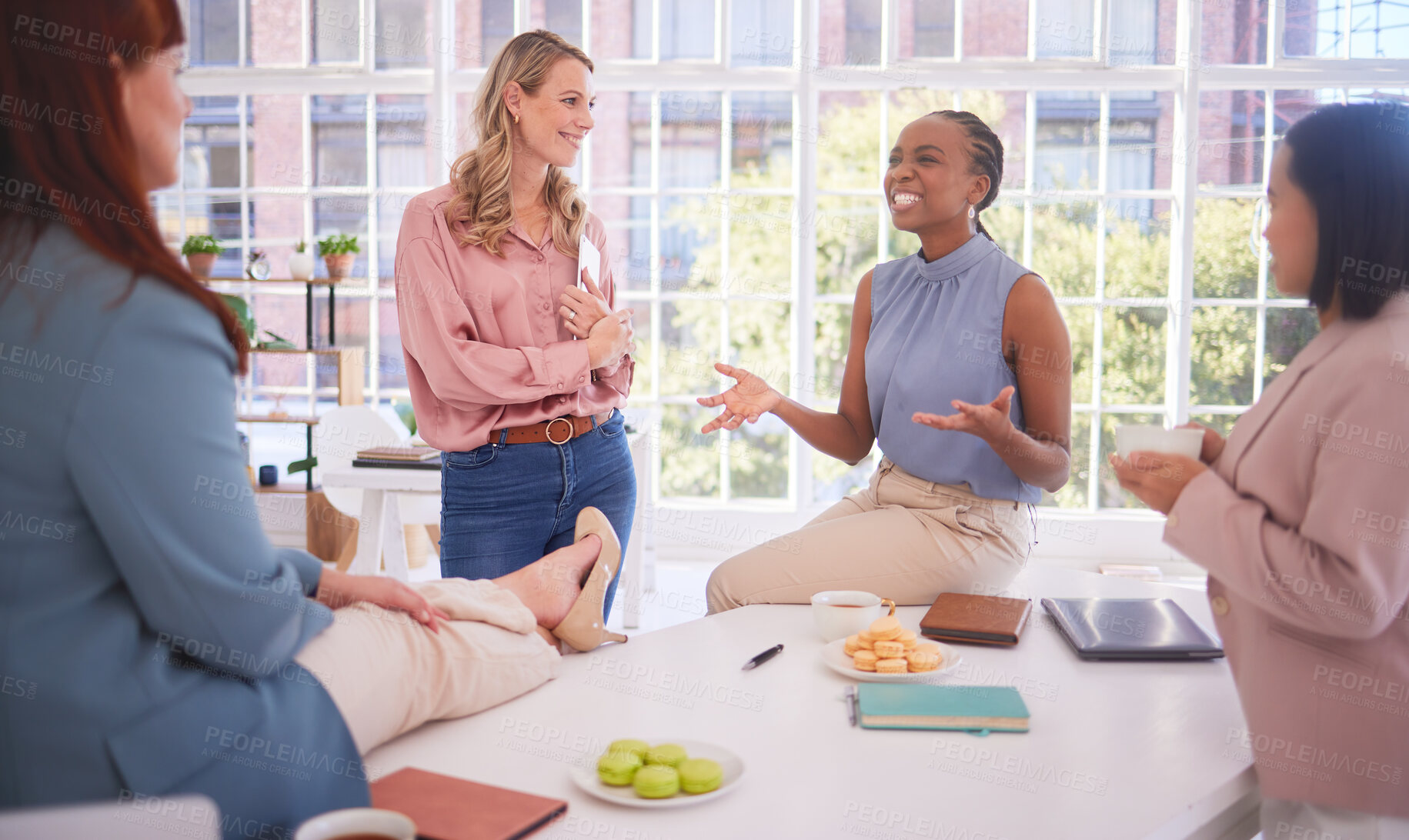 Buy stock photo Diversity, lunch and business women relax in an office building talking, gossip or share news after meeting. Team building, black woman and friends speaking enjoying a conversation together on break