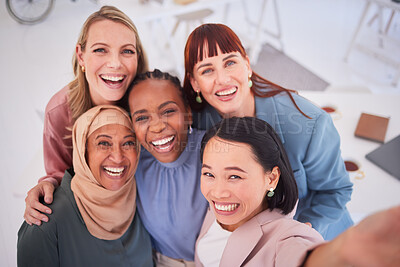 Buy stock photo Business, friends and office selfie with happy business women excited, inclusive and relax together. Diversity, face and team of empowered businesswomen smile for picture in support of collaboration