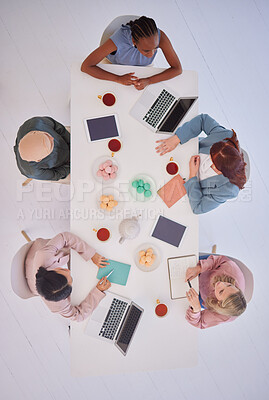 Buy stock photo Creative, meeting and business people in office from above, collaboration, discuss and digital planning at table. Business women, partnership and teamwork sharing strategy for goal, mission and idea