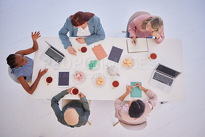 Buy stock photo Diversity, teamwork or collaboration top view in office for planning, research or innovation marketing review. Laptop, documents or business people writing in notebook for startup KPI web strategy