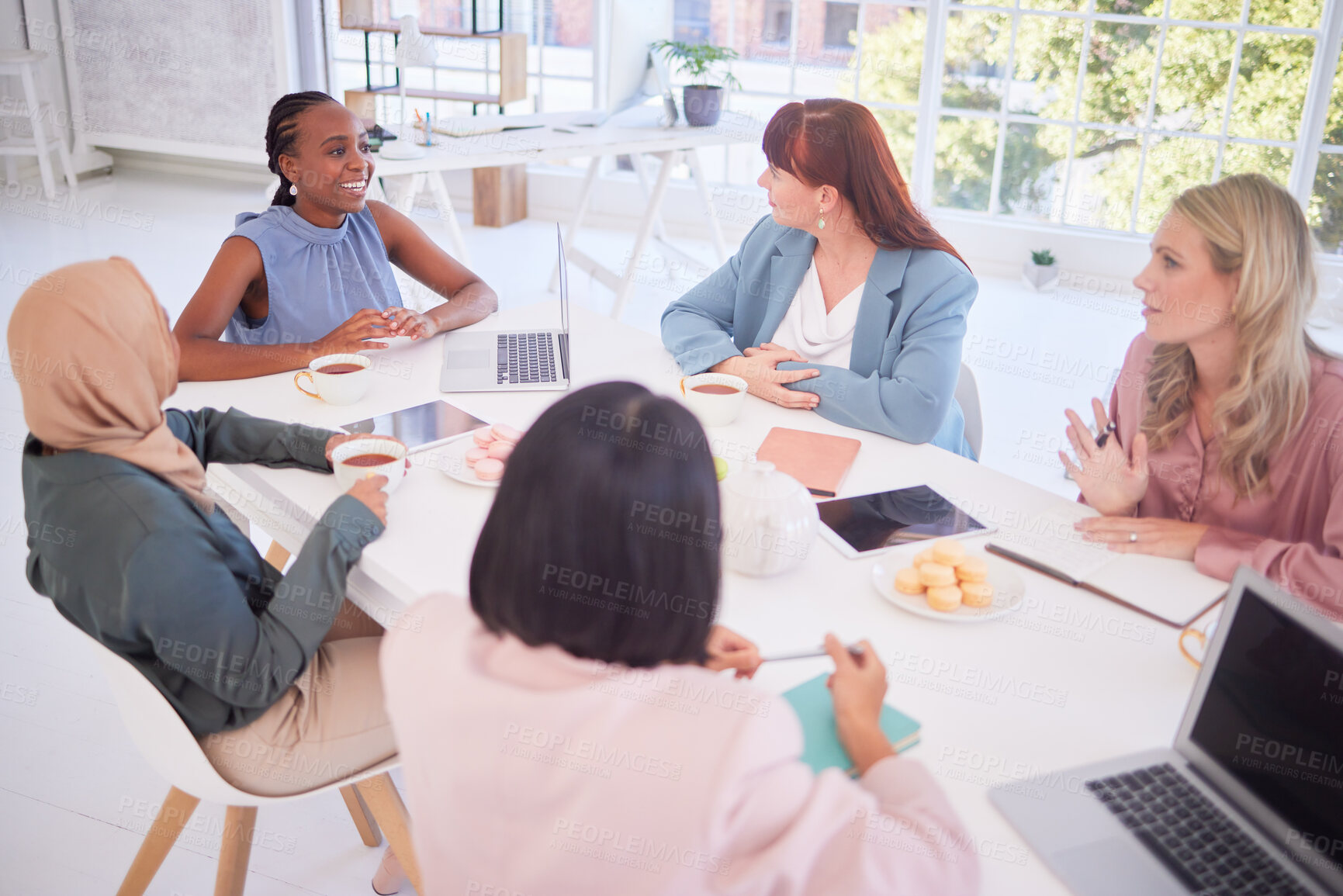 Buy stock photo Business meeting, women and collaboration of digital marketing team talking about office agenda. Diversity, woman group and startup worker communication of creative teamwork and networking schedule