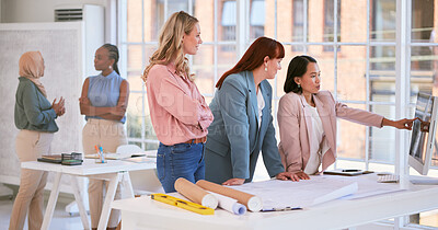 Buy stock photo Interior design, architecture teamwork and women, computer and meeting, planning and creative ideas, engineering and business. Female led project management, digital blueprint and desktop innovation 