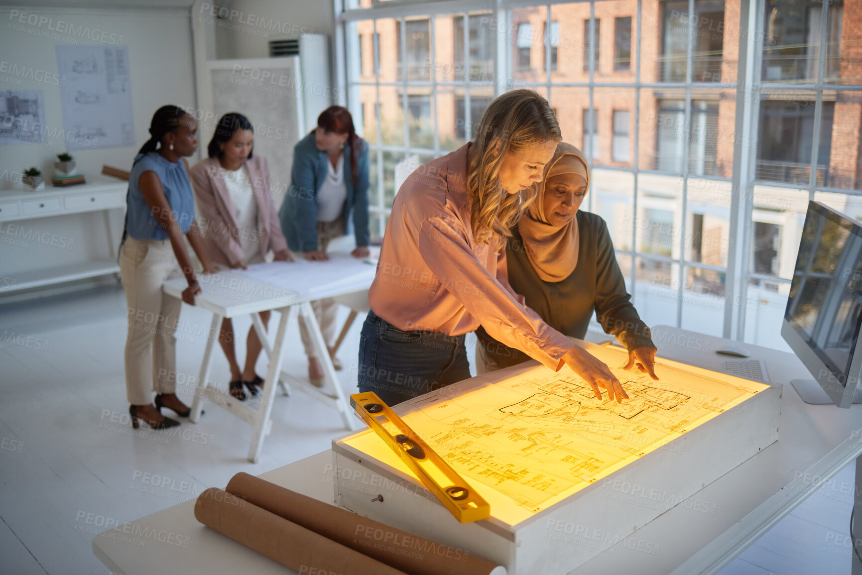 Buy stock photo Architect, business women and diversity of engineering building team planning a project. Light on industrial illustration with engineer group working on a teamwork collaboration and design strategy