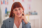 Business woman, portrait smile and thinking for vision, ambition or career success in fashion at the office. Happy female employee designer smiling for successful company startup, job or goal mindset