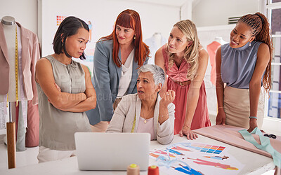 Buy stock photo Business people, fashion and design in collaboration for planning, strategy or ideas on laptop at the office. Group of employee designers in business discussion for clothing, marketing or advertising