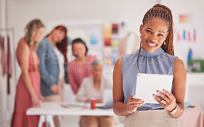 Buy stock photo Black woman, fashion designer or digital tablet in clothes design planning, innovation vision or ecommerce order schedule. Portrait, smile or happy creative seamstress or technology in boutique store
