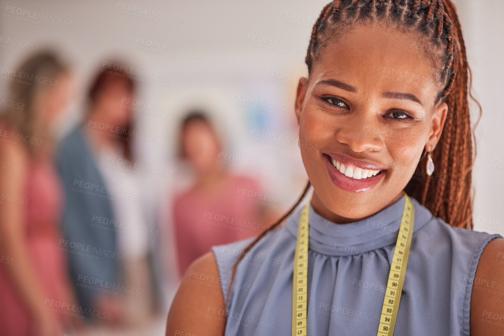 Buy stock photo Black woman, fashion creative and designer with measuring tape, working on creative dress design happy smile on face. Portrait of seamstress, clothes tailor and organic fabric, textile and material 