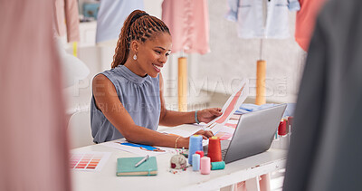 Buy stock photo Black woman, fashion and design on laptop for marketing, advertising or social media at the office. Creative African American female employee designer working on computer for clothing inspiration