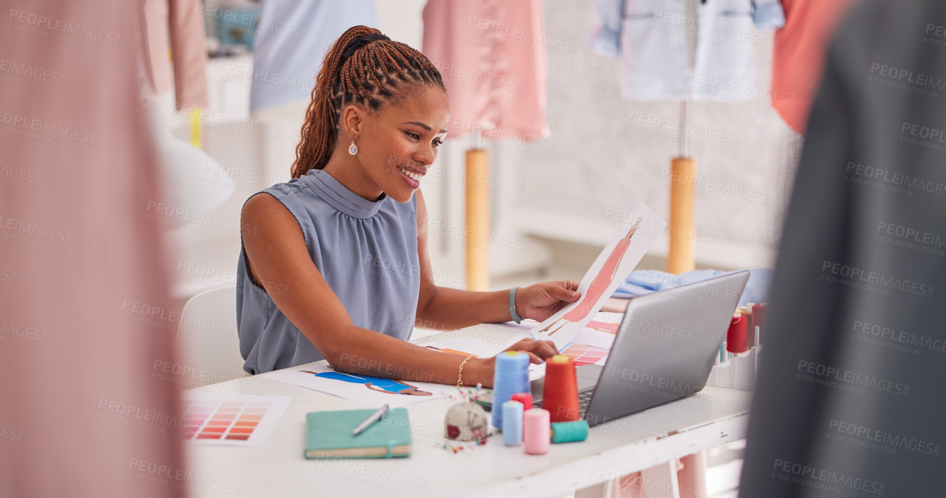 Buy stock photo Black woman, fashion and design on laptop for marketing, advertising or social media at the office. Creative African American female employee designer working on computer for clothing inspiration