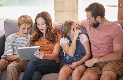 Buy stock photo Family, sofa and tablet with children and parents streaming an online subscription in home living room. Kids, internet and video with a man, woman and kids or siblings watching series in the lounge