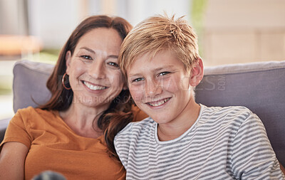 Buy stock photo Love, family and portrait of mother and child on a sofa, happy and smile while bonding, embrace and laughing together. Mom, son and happy family moment in a lounge, enjoying quality time in Amsterdam