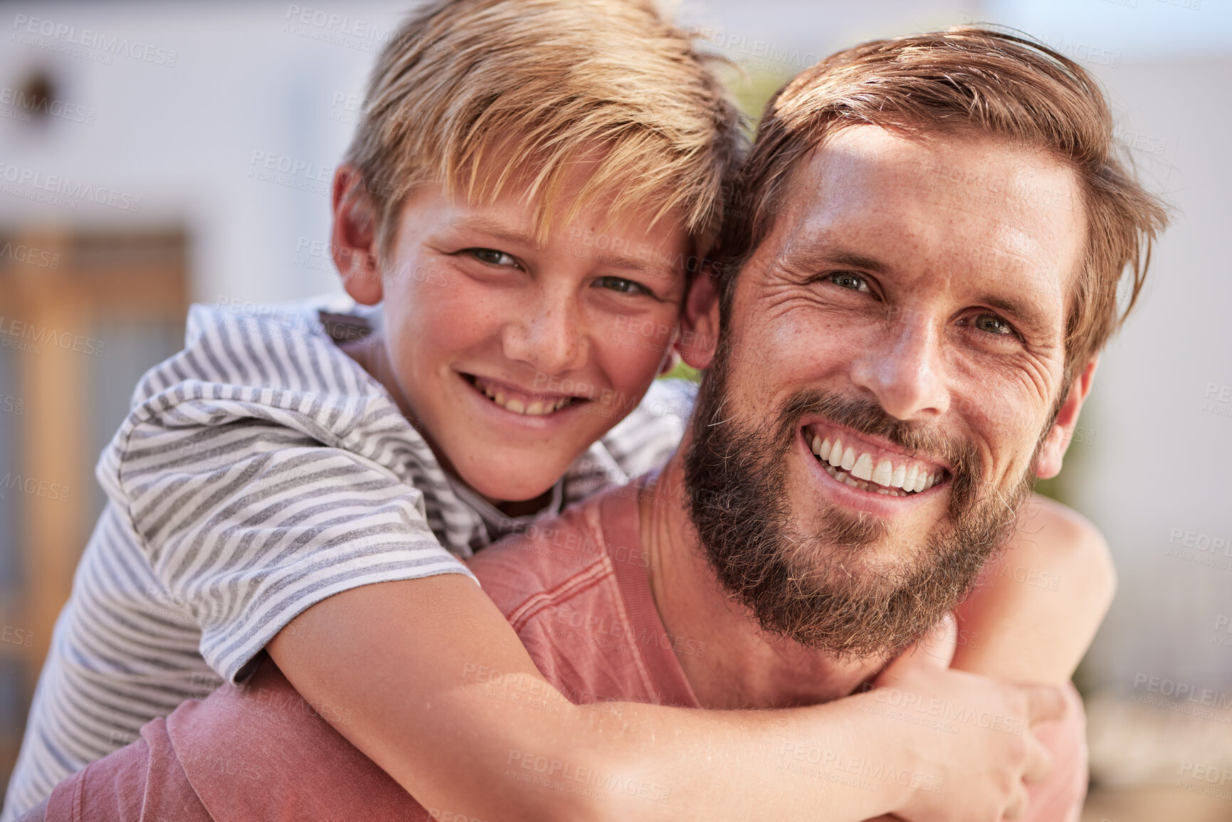 Buy stock photo Happy family, portrait and father with son in a garden, relax and bond while playing, laughing and having fun at home, Face, smile and parent with child in backyard, enjoying vacation day in Canada