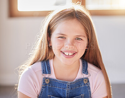 Buy stock photo Portrait, happy and girl relax at a window in a living room, cheerful an excited while sitting alone in her home. Face, child and preteen female with positive mindset relaxing with a cute smile