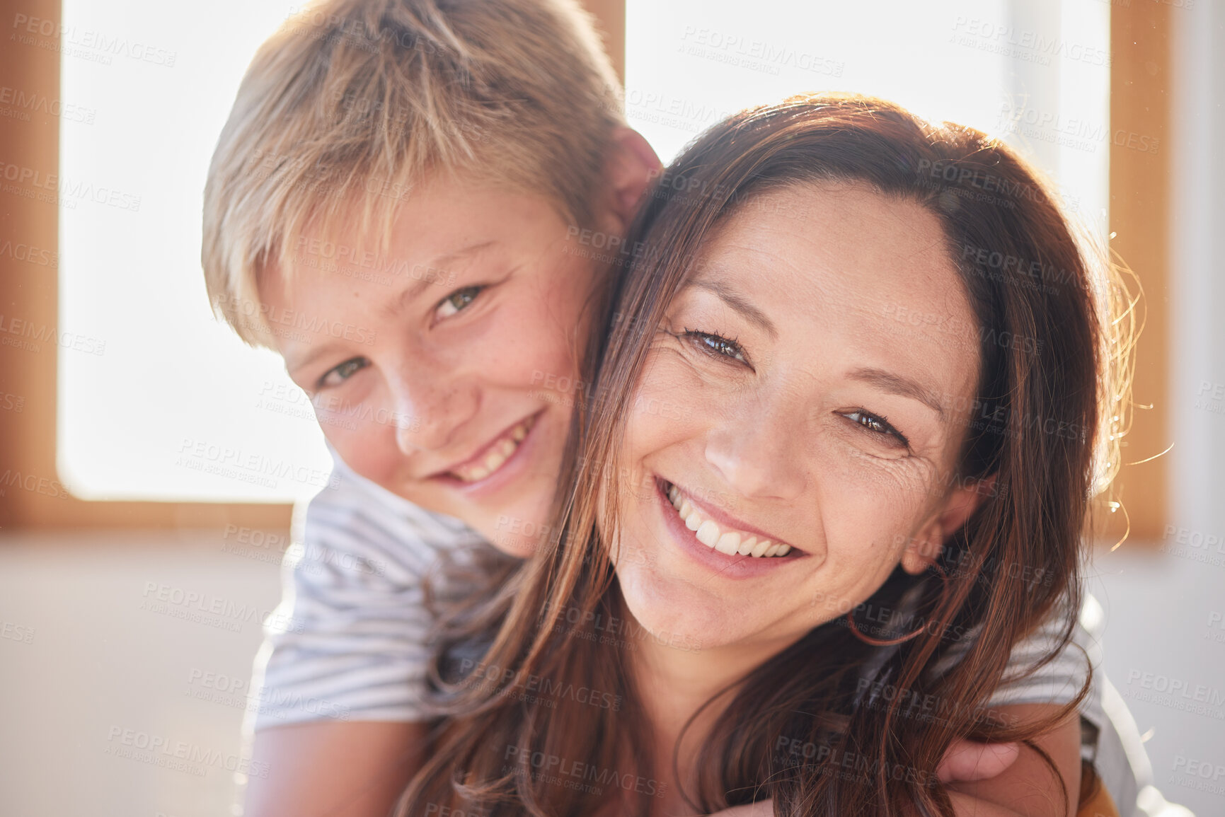 Buy stock photo Happy, portrait and smile with mother and child for bonding, support and embrace together. Relax, quality time and hug with face of mom and son in family home for embrace, gratitude or care lifestyle