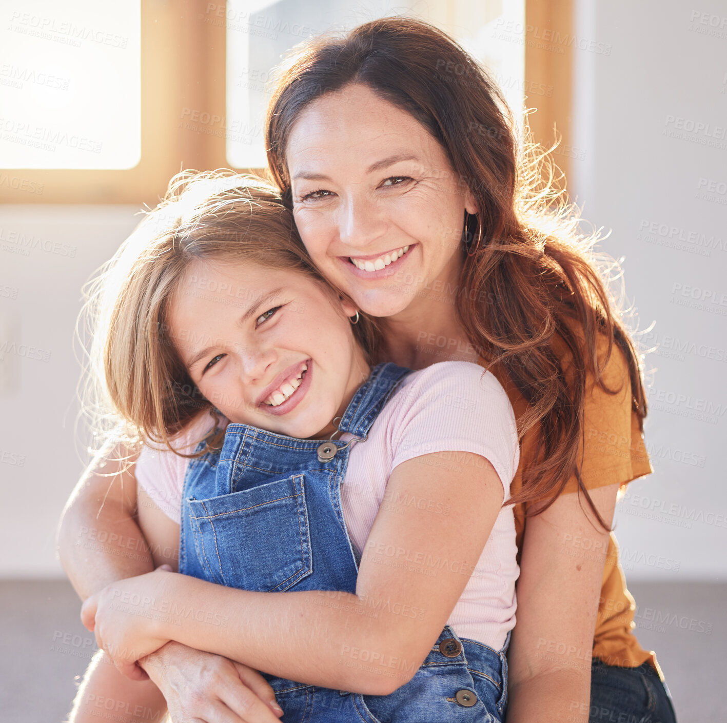 Buy stock photo Mother, love and hug girl for portrait of support, trust and relax quality time in family home. Happy mom, excited kid and smile together for happiness, gratitude connection and relationship bonding 