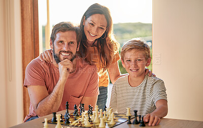 Buy stock photo Family, chess and home youth brain development of a mother, father and child with a game. Happy kid and parents portrait with love and care ready for problem solving and knowledge board game